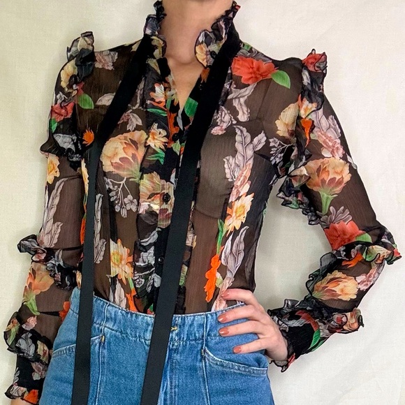 Jade & Cloud Sheer Button up Floral, Ruffle Black Bodysuit,  Size Small - Picture 14 of 15